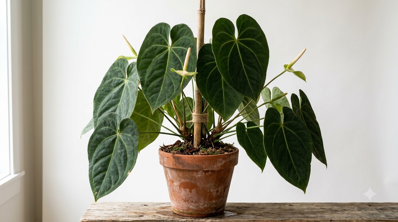 Anthurium bittneri potted in terracotta with dark green heart-shaped leaves and pale blooms tied to a central stake.