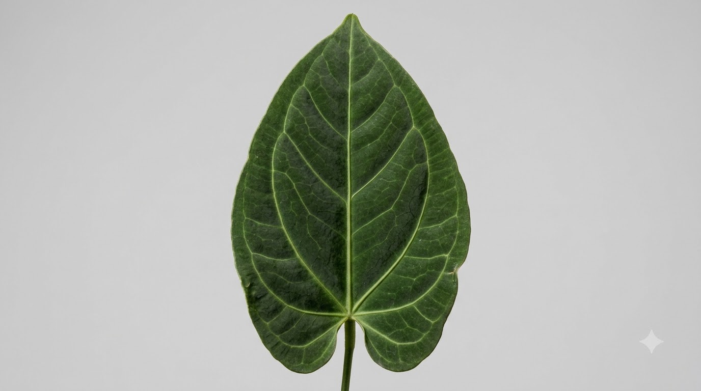 Close-up of a dark green Anthurium bittneri leaf with prominent lighter veins against a plain light background.