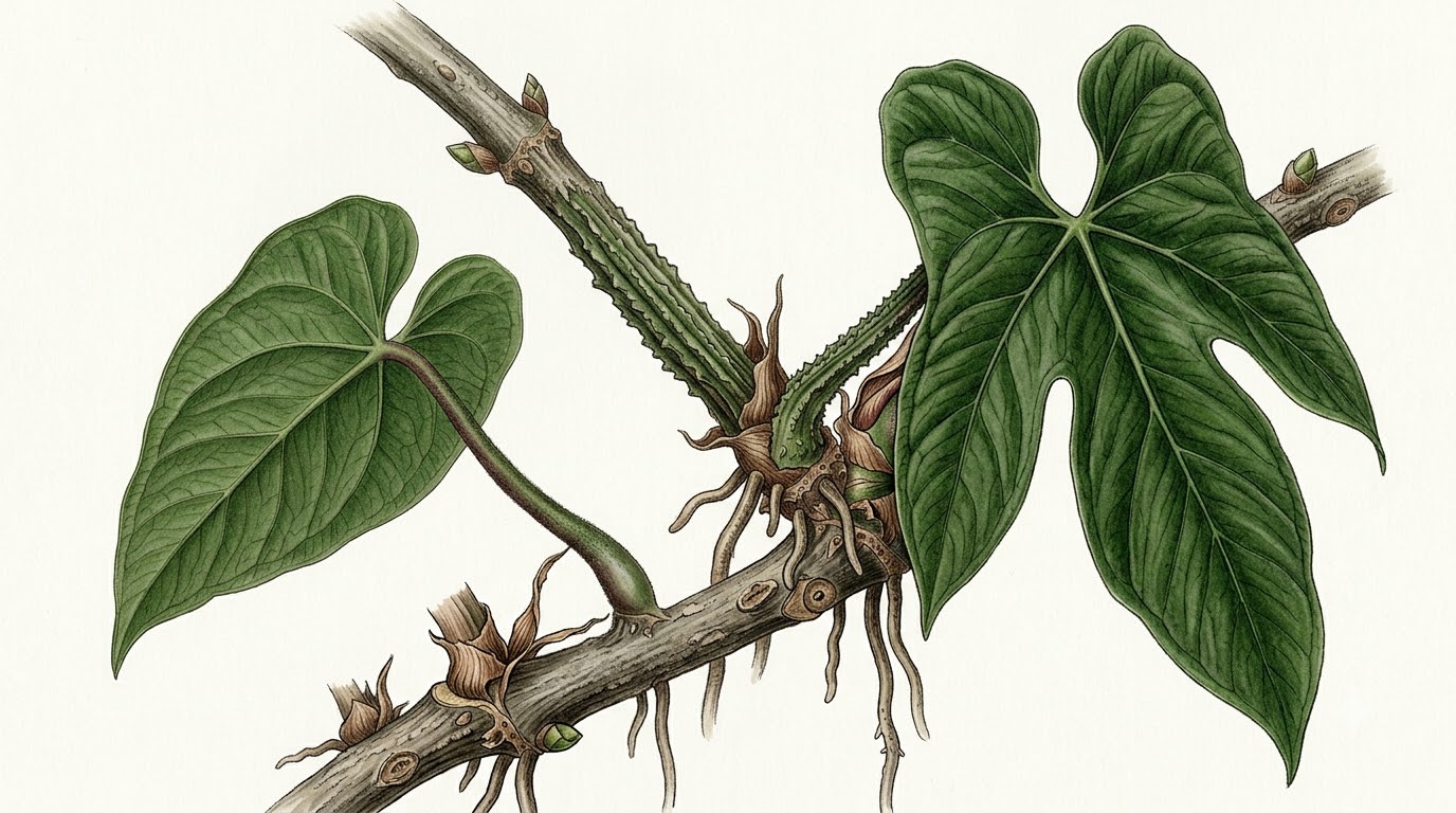 Botanical illustration of Anthurium bittneri showing stem, petiole structure, and green leaves.