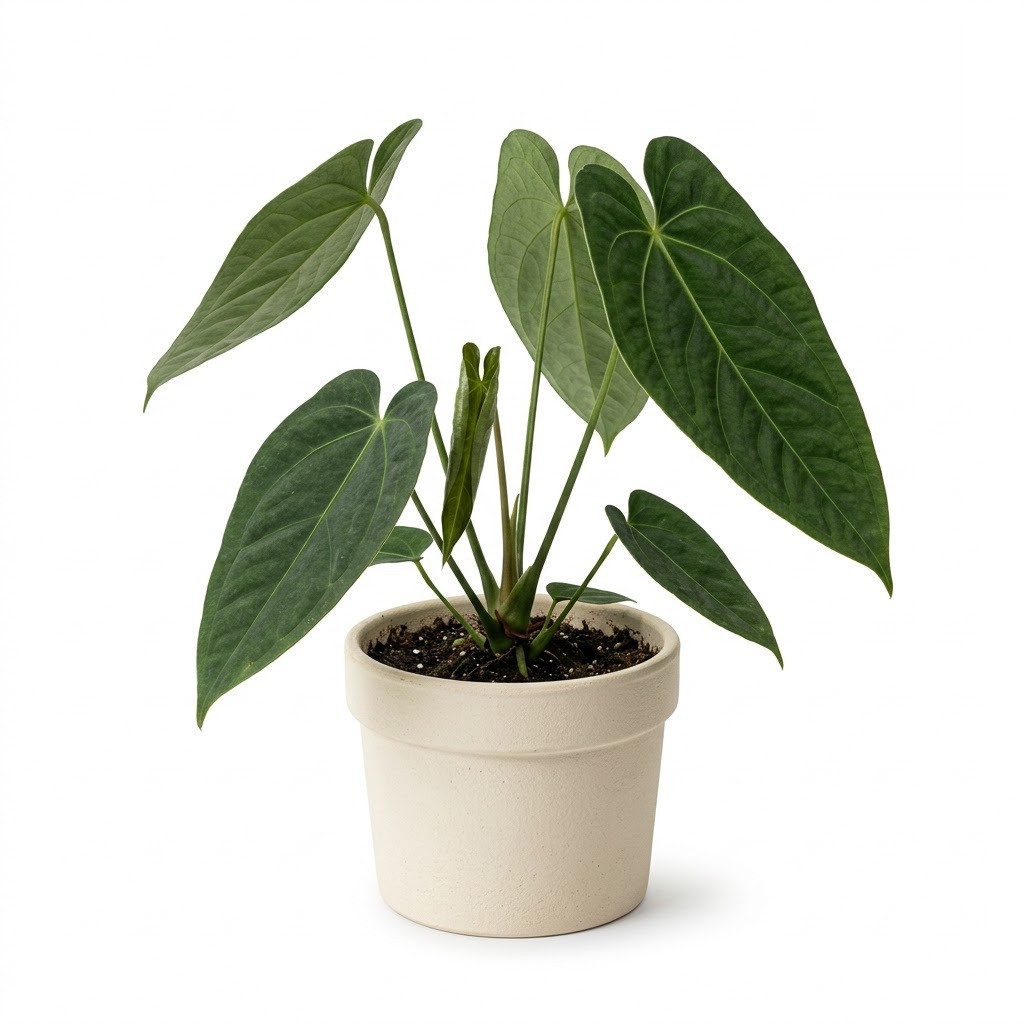 Anthurium bittneri potted in a light beige ceramic pot against a white background.