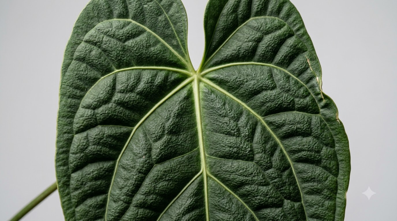 Close-up of a dark green Anthurium blanquitense leaf showing prominent veins and a textured surface.