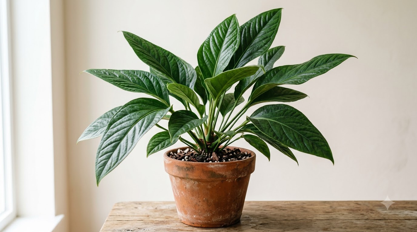 Anthurium bocainense with dark green, textured leaves growing in a terracotta pot on a wooden table.