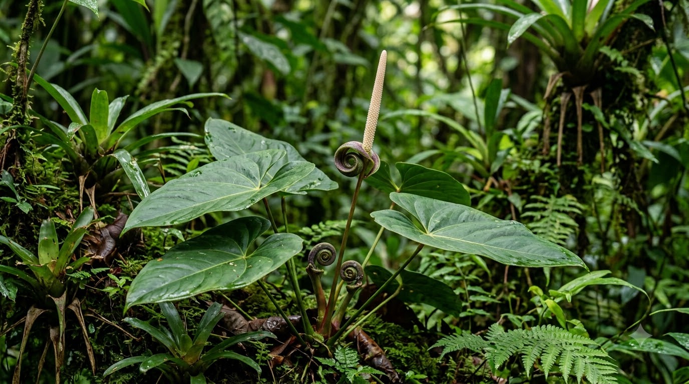 Anthurium boekei plant with broad green leaves and a central inflorescence in a rainforest.
