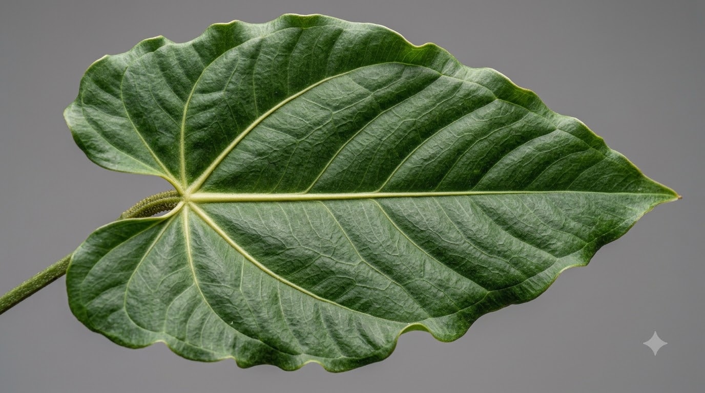 Close-up view of an Anthurium boekei leaf surface showing prominent veins and a textured green blade against a neutral gray