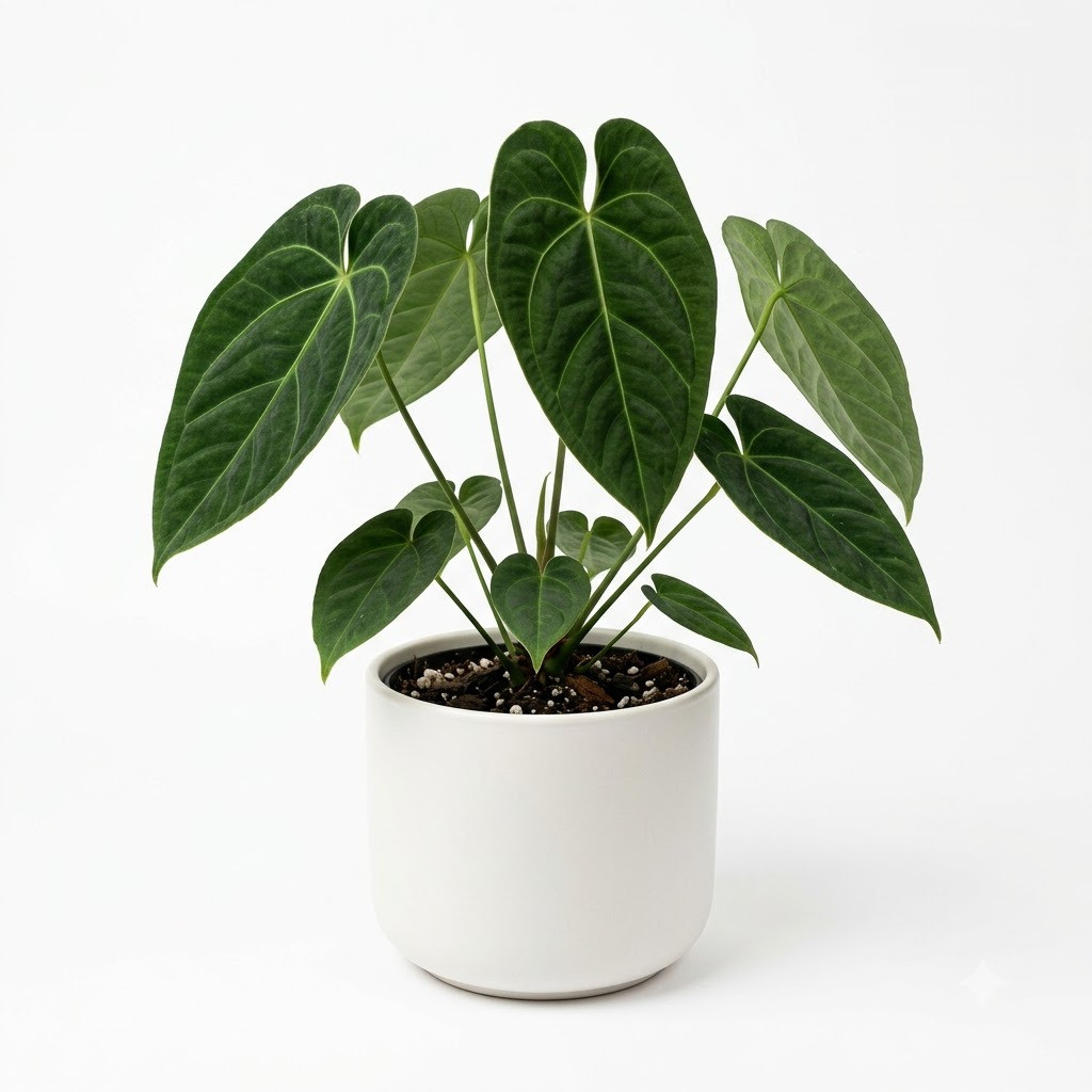 Anthurium boekei in a white ceramic pot against a plain white background.