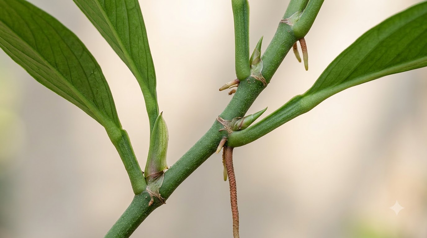 Close-up of Anthurium bogneri petiole structure, showcasing stem nodes, petioles, developing buds, and aerial roots.