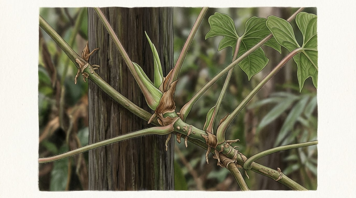 Botanical illustration of Anthurium bogotense climbing a wooden stem with leaves and nodes.
