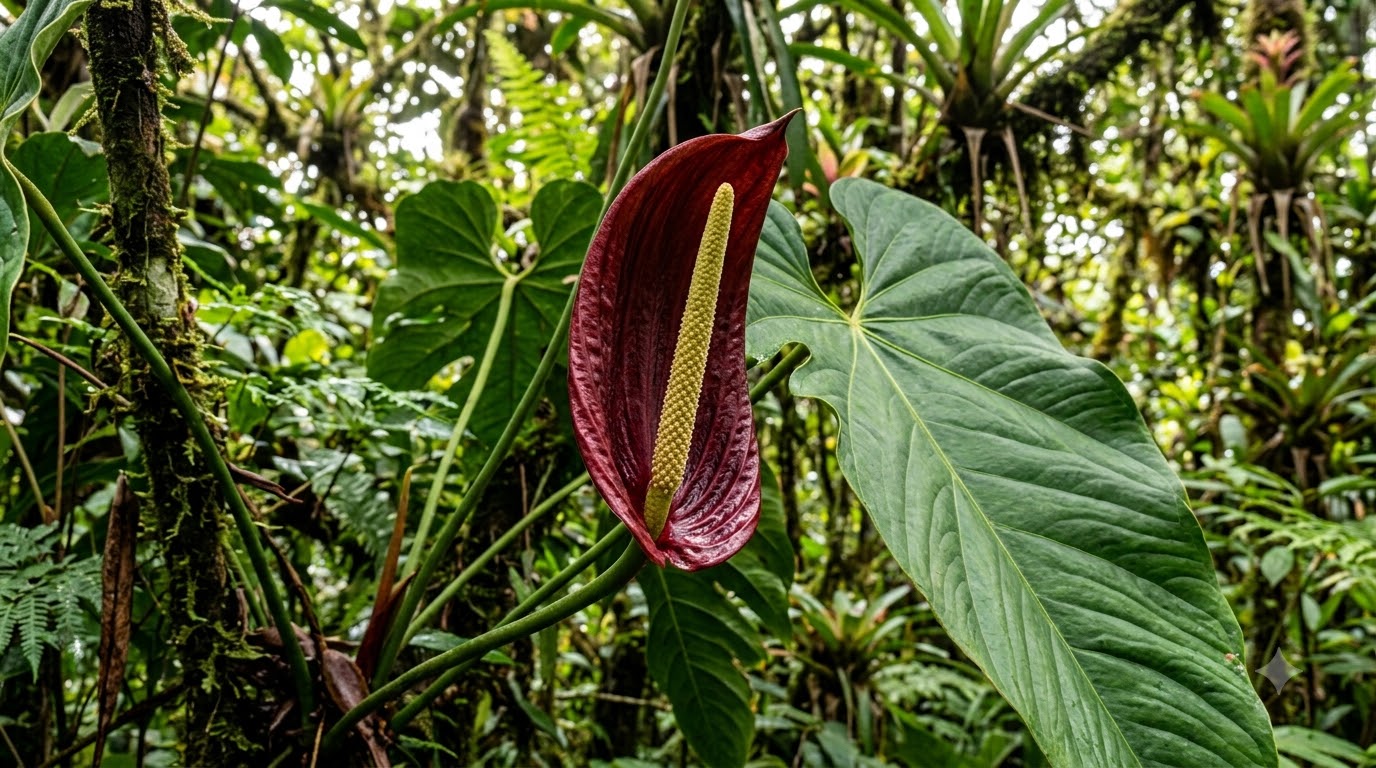 Anthurium bogotense inflorescence in a lush rainforest with large green leaves and a dark red spathe surrounding a yellow