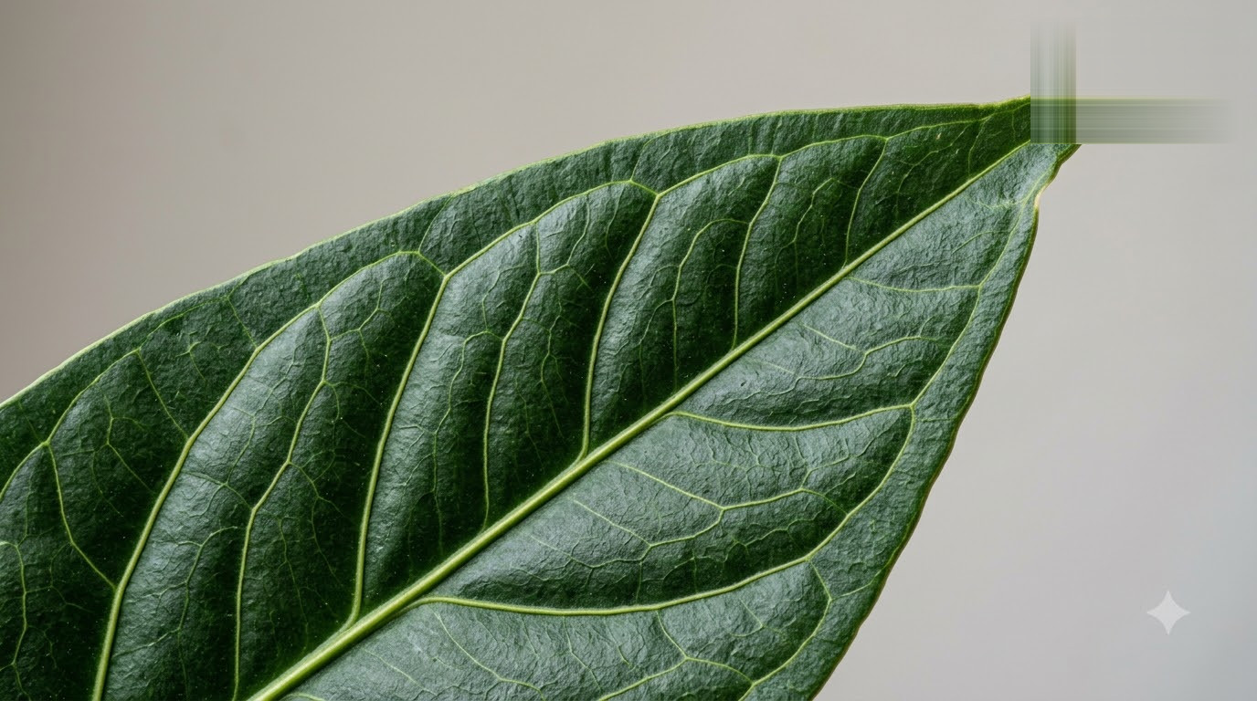 Close-up of an Anthurium bonplandii leaf apex showing prominent veins and texture.