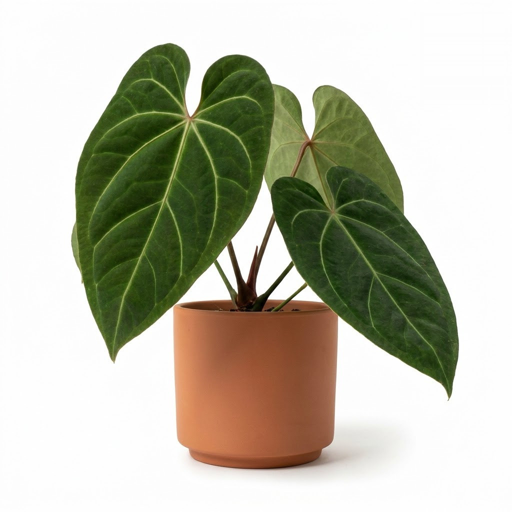 Potted Anthurium bonplandii with large, velvety dark green leaves featuring prominent light veins, in a terracotta pot