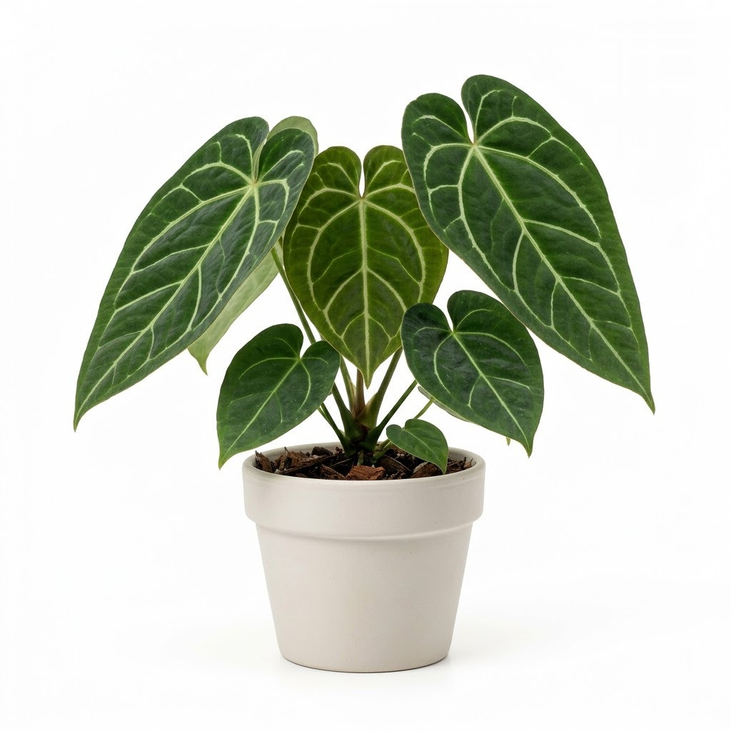 Anthurium boudetii in a white pot against a white background.