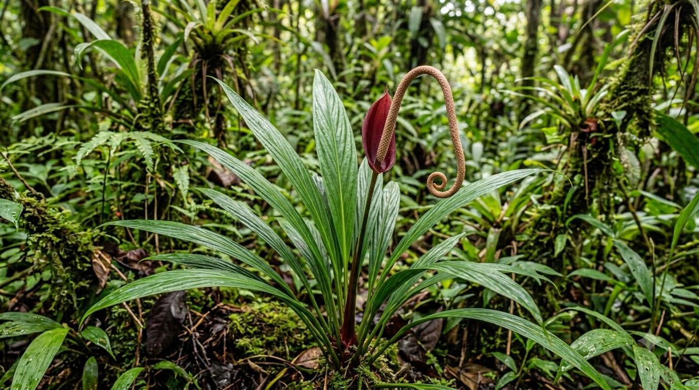 Anthurium bradeanum inflorescence growing in a lush tropical forest.