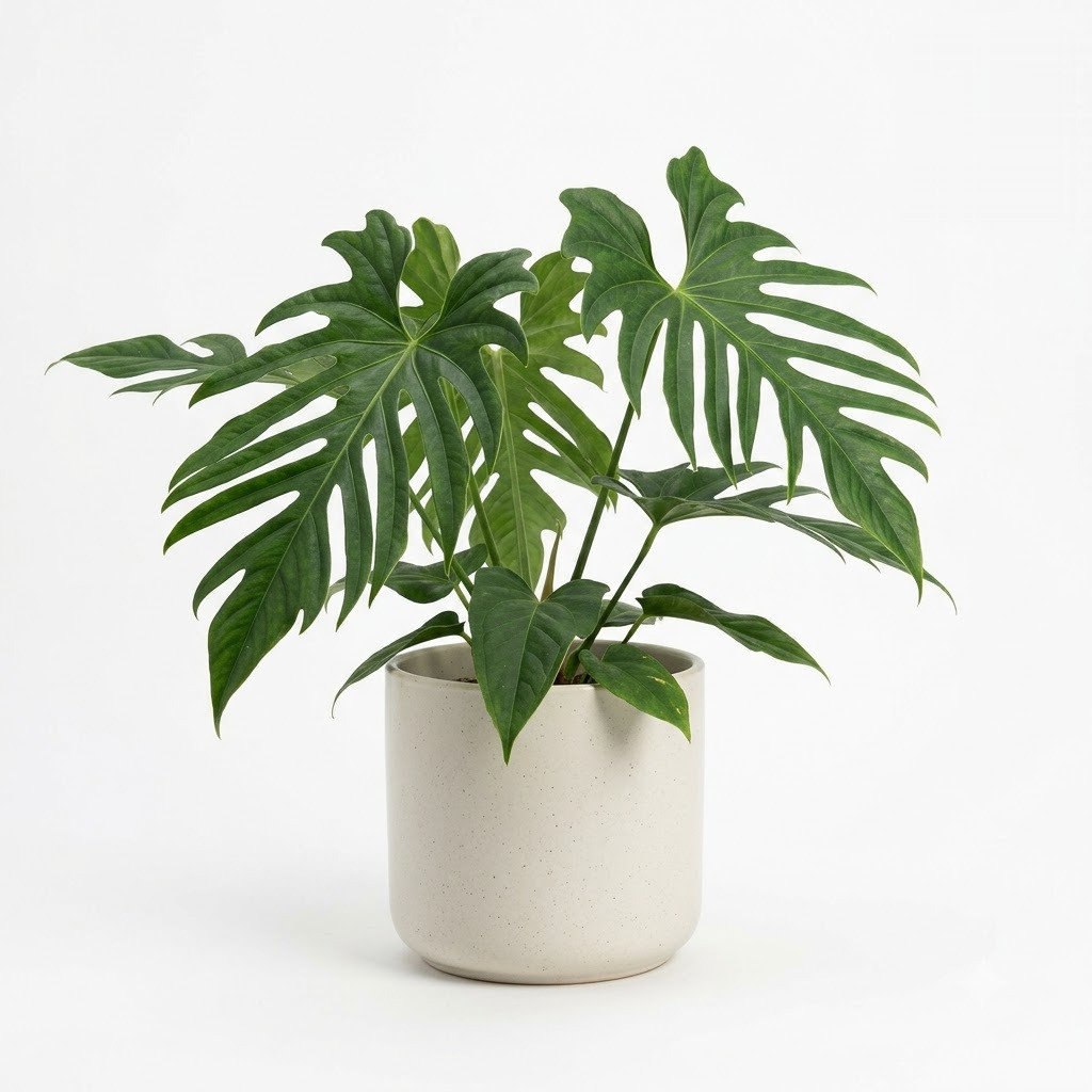 Anthurium bradeanum with deeply lobed green leaves in a white ceramic pot against a white background.