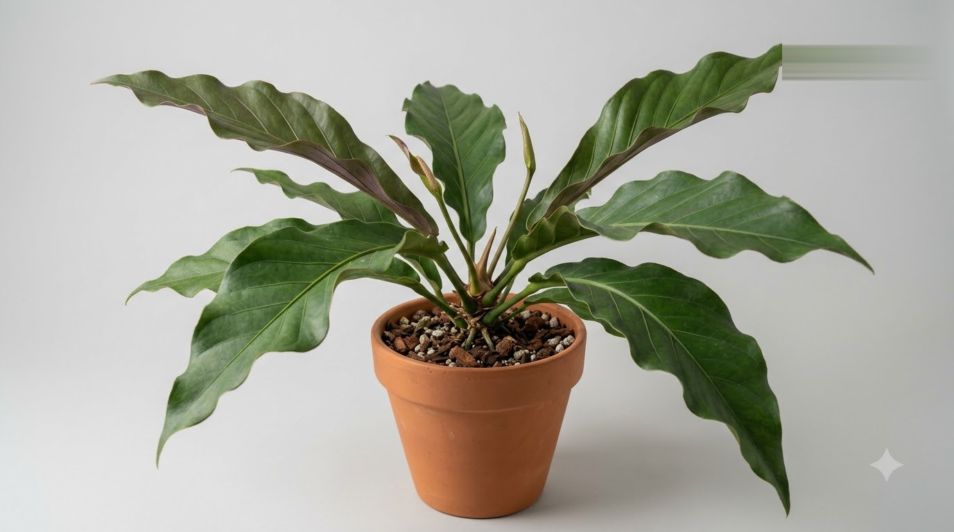 Anthurium bredemeyeri in a terracotta pot with large, wavy green leaves.
