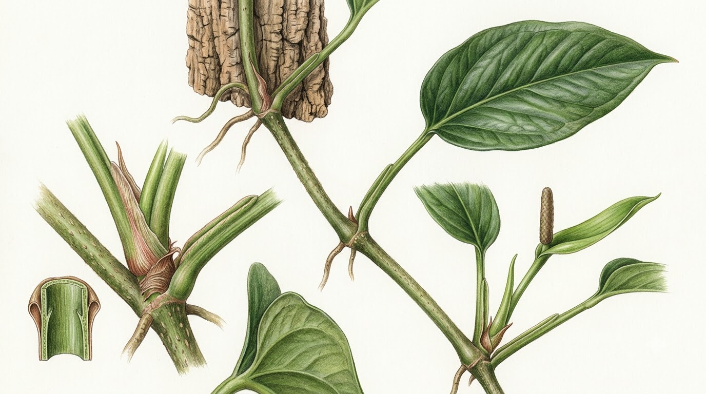Botanical illustration of Anthurium breviapiculum showing stem growth, leaves, roots, and inflorescence.