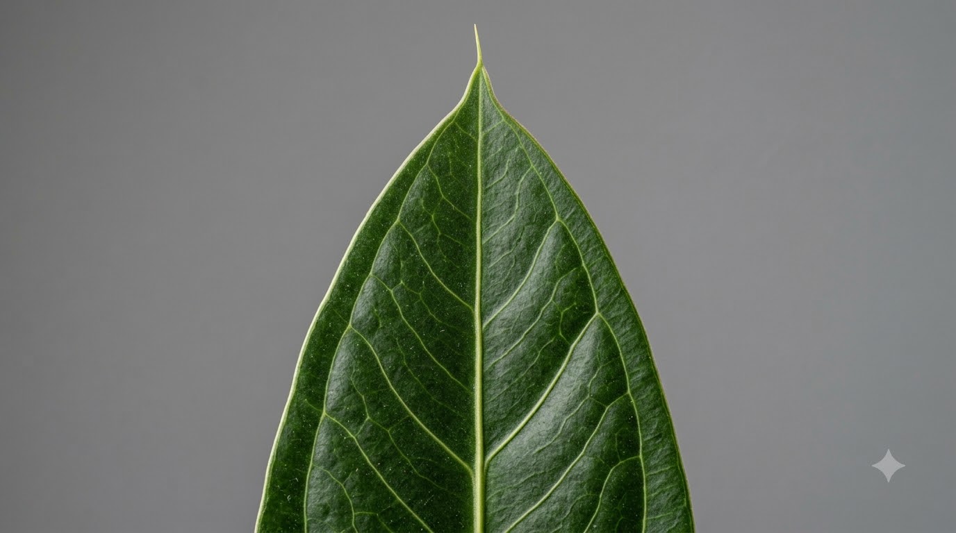 Close-up of an Anthurium breviapiculum leaf tip showing prominent veins against a gray background.