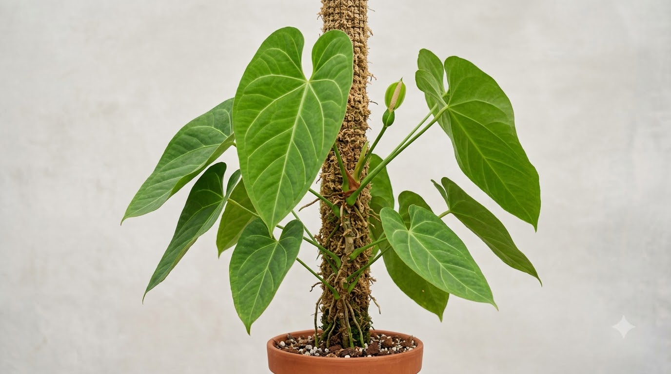 Anthurium brevipedunculatum climbing up a moss pole in a terracotta pot