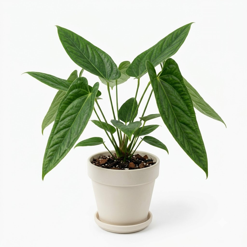 Anthurium brevipes in a light-colored pot with prominent, textured green leaves against a plain white background.