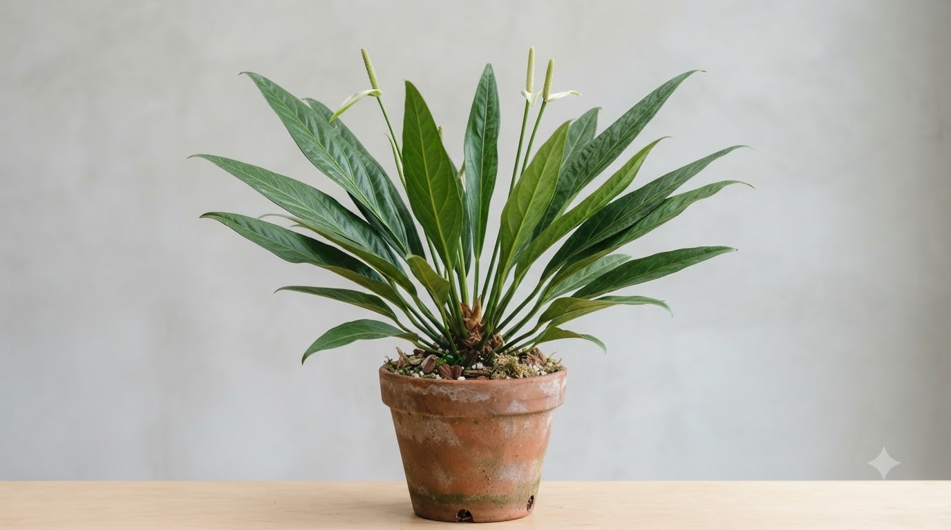 Anthurium breviscapum with long, narrow green leaves and pale flower spikes planted in a clay pot.