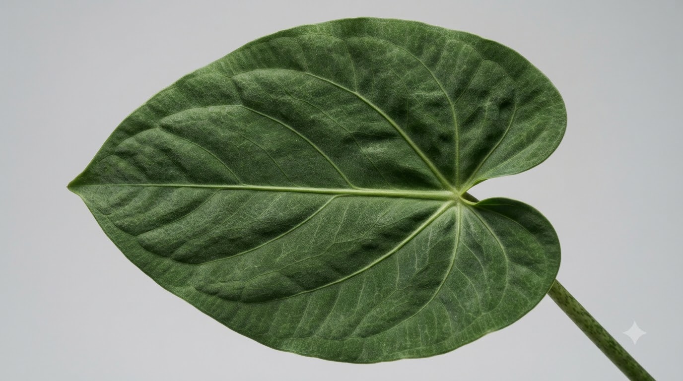 Close-up of a textured Anthurium breviscapum leaf with prominent veins against a light gray background.