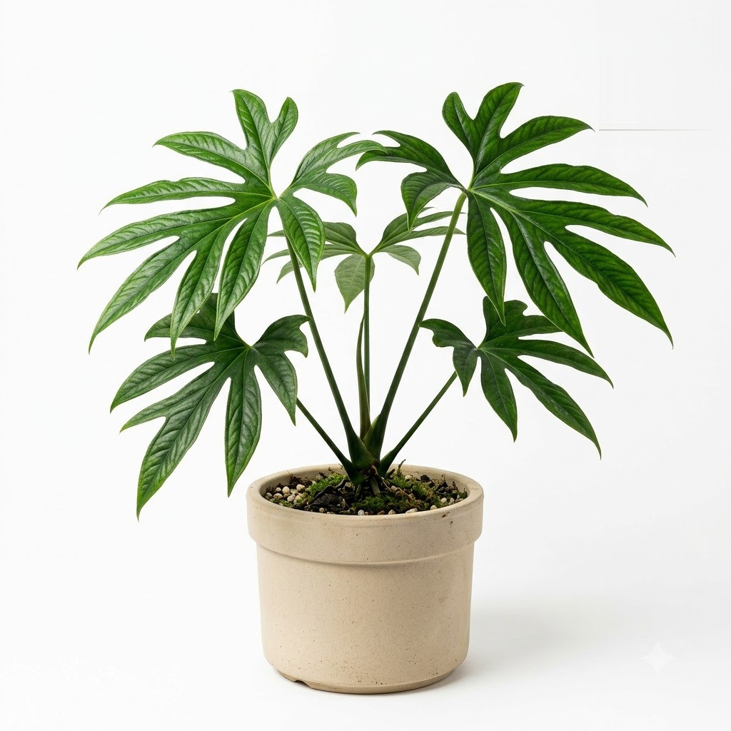 Anthurium breviscapum in a beige pot against a white background.