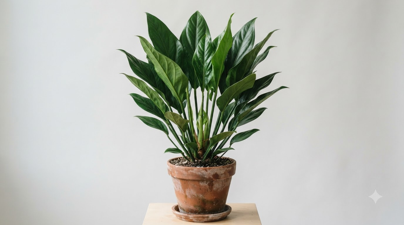 Anthurium brevispadix with glossy green leaves growing in a terracotta pot on a wooden stand against a white wall.