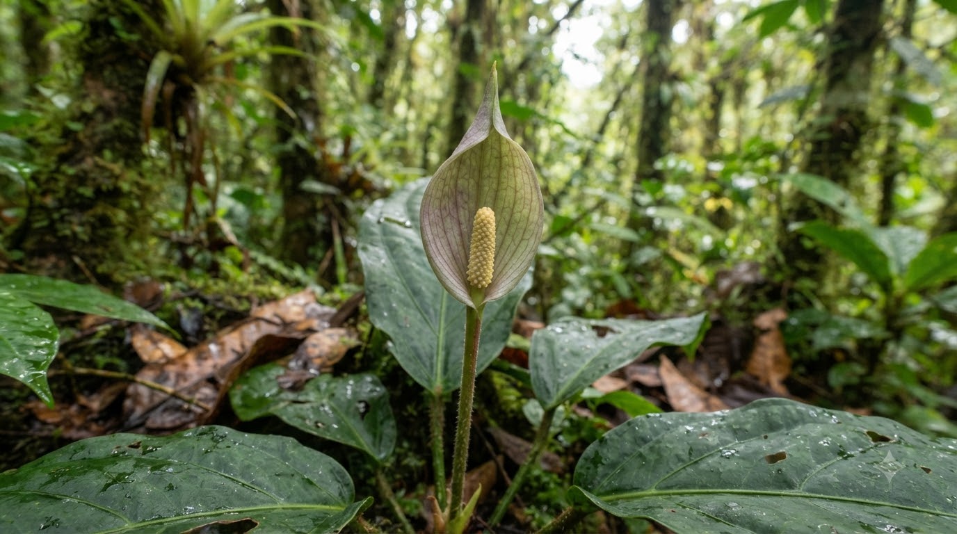 Anthurium brevispadix inflorescence in a tropical forest habitat.
