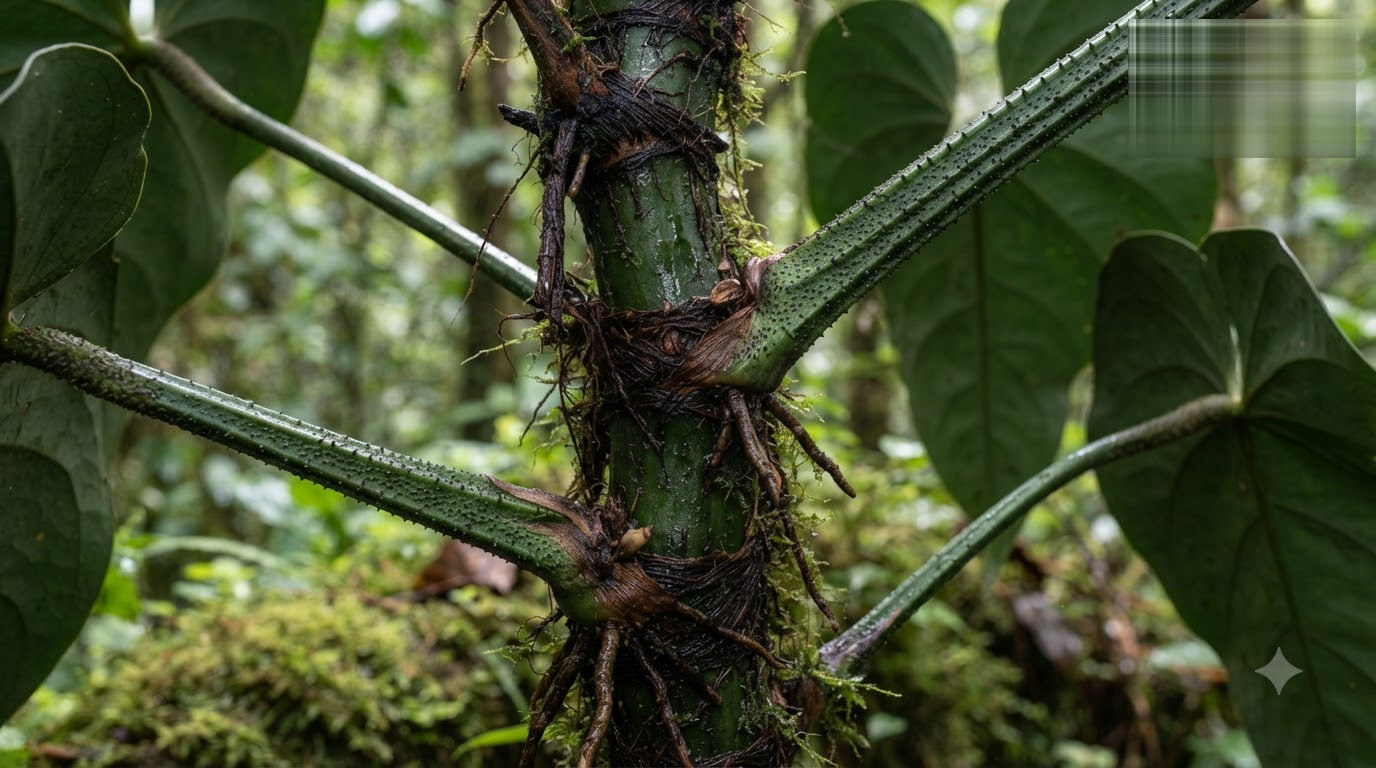 Close-up of the thick stem and textured petioles of an Anthurium brigadeiroense plant in a forest.