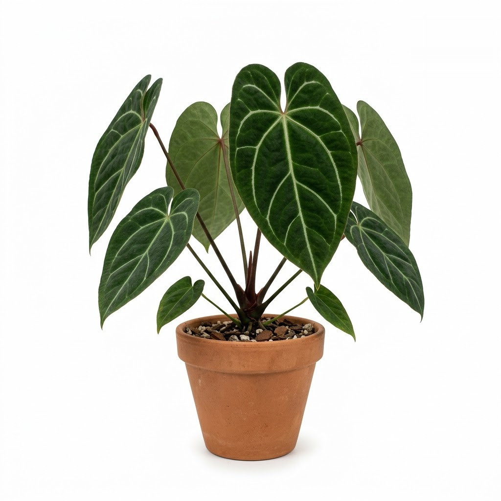 Potted Anthurium brigadeiroense with large, velvety dark green leaves and prominent light veins in a clay pot.