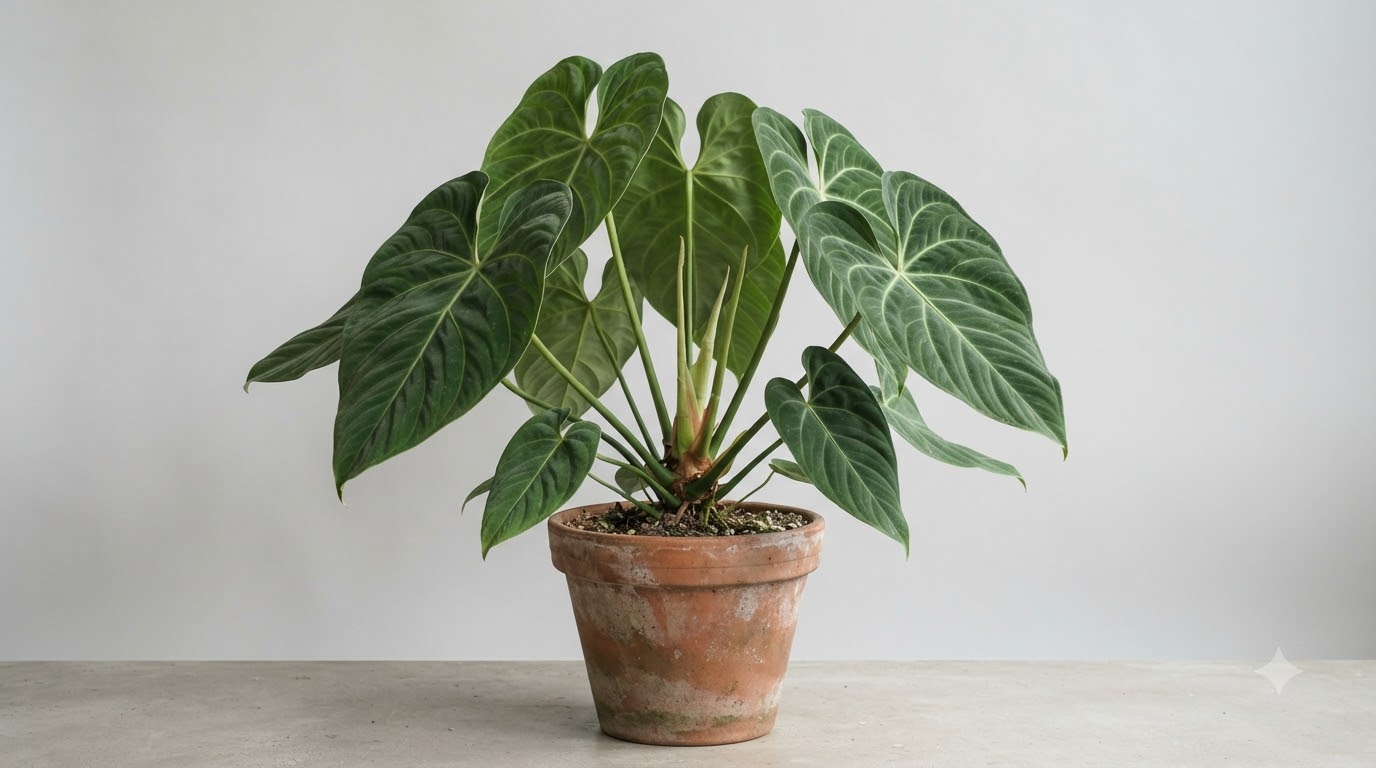 Anthurium brittonianum in a terracotta pot against a neutral background.