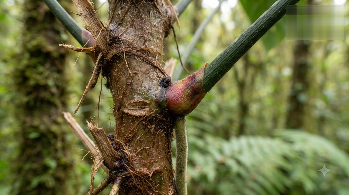 Close-up of an Anthurium brittonianum stem node showing leaf petiole attachment and fibrous sheath remnants.