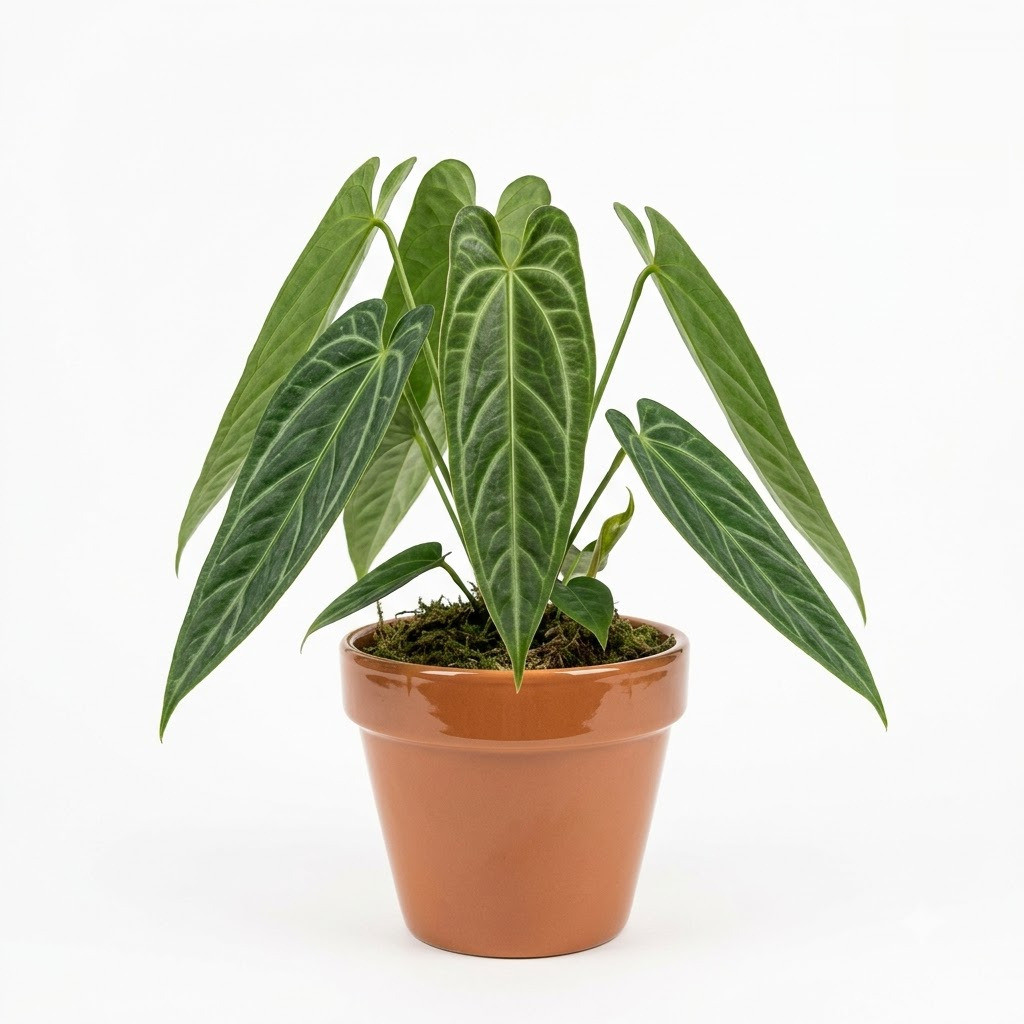Anthurium bucayanum plant in a terracotta pot with long, velvety green leaves showing prominent lighter veining against a
