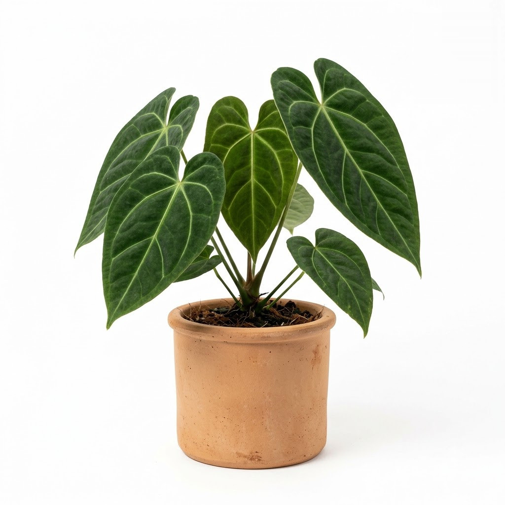 Anthurium burgeri with large dark green, velvety leaves and prominent veining planted in a terracotta pot.