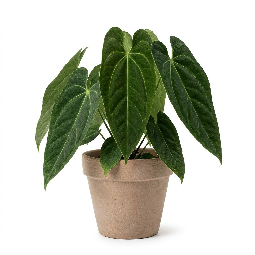 Anthurium carmenense potted in a simple clay pot against a white background.