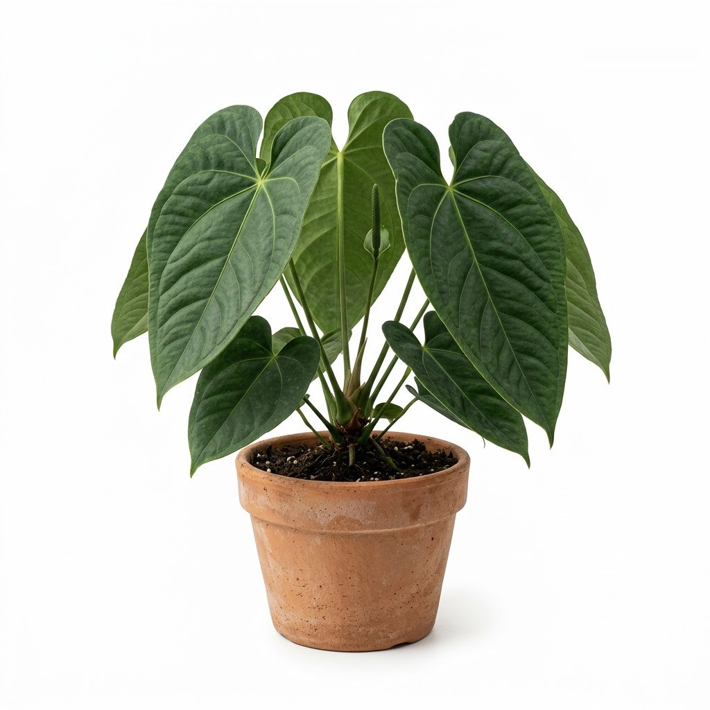 Potted Anthurium carneospadix with dark green velvety leaves in a terracotta pot on a white background.