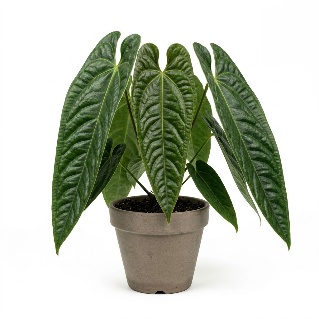 Anthurium carnosum in a grey pot with textured green leaves on a white background.