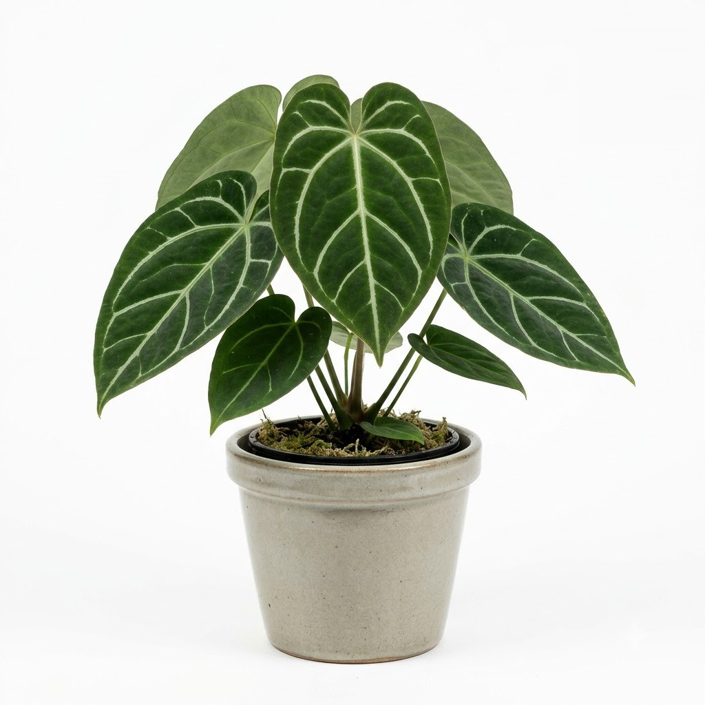 Anthurium cataniapoense with velvety green leaves and prominent white veins in a ceramic pot.