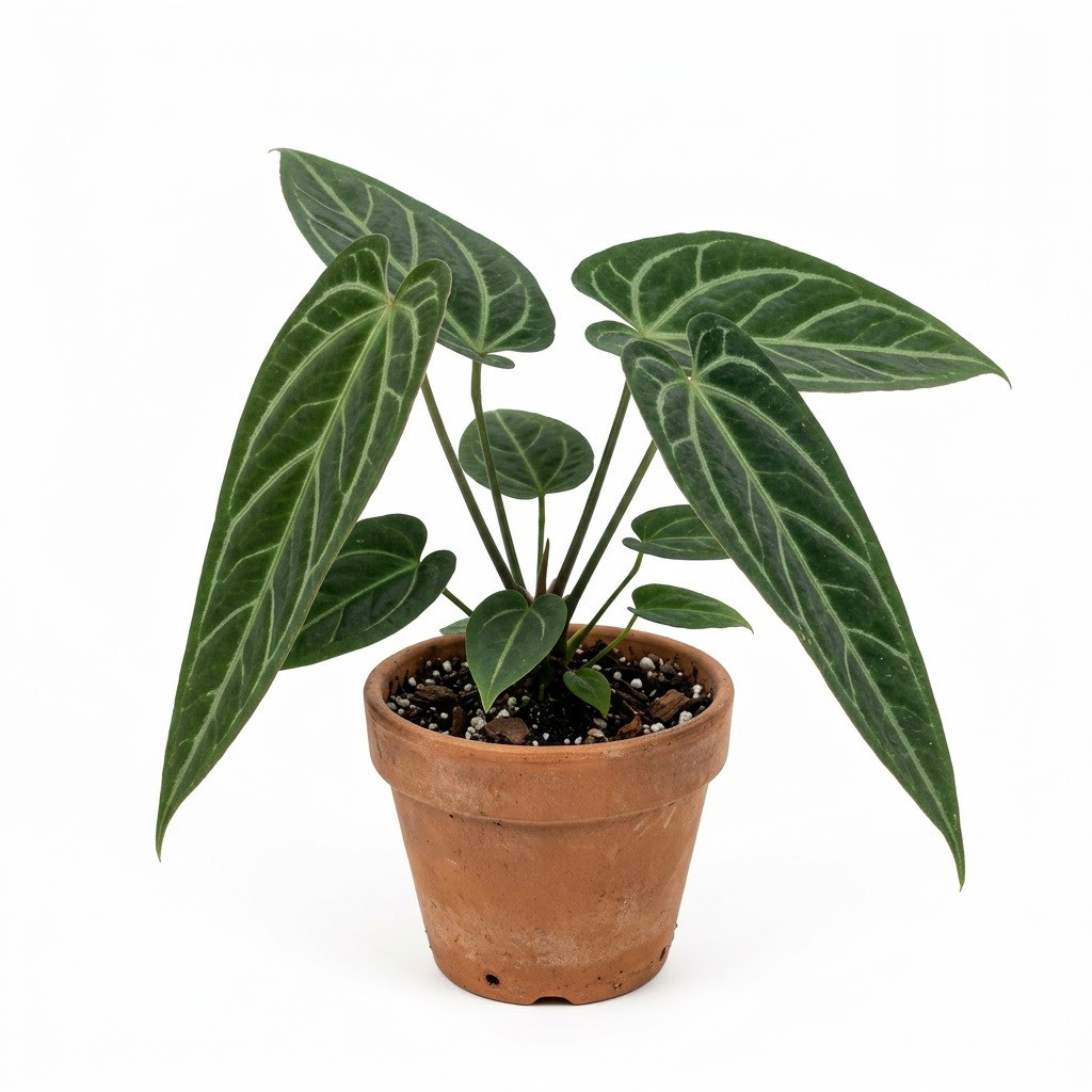 Anthurium cerrocampanense with prominent veined dark green leaves in a terracotta pot on a white background.