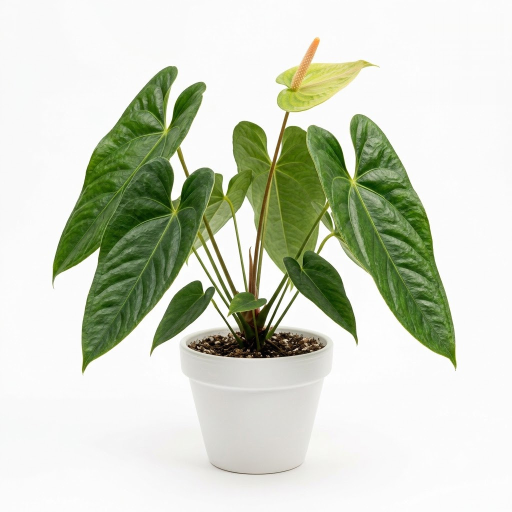 Anthurium chinimense in a white pot with large green leaves and an inflorescence.