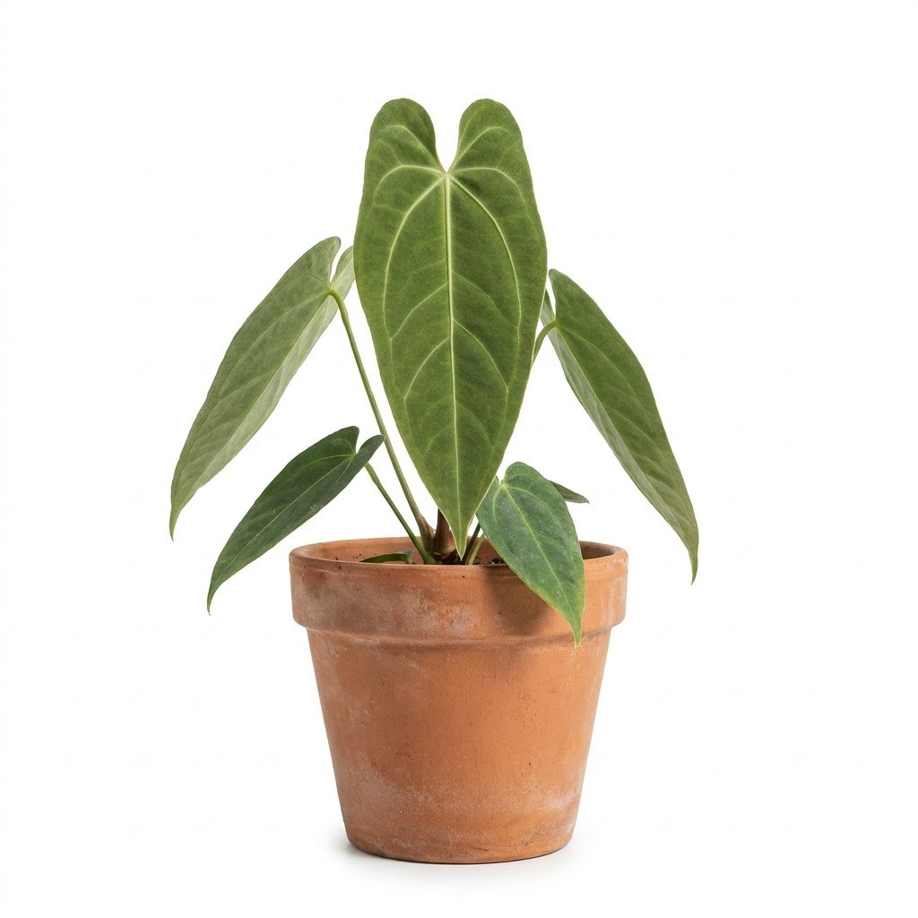 Anthurium conterminum in a terracotta pot against a white background.