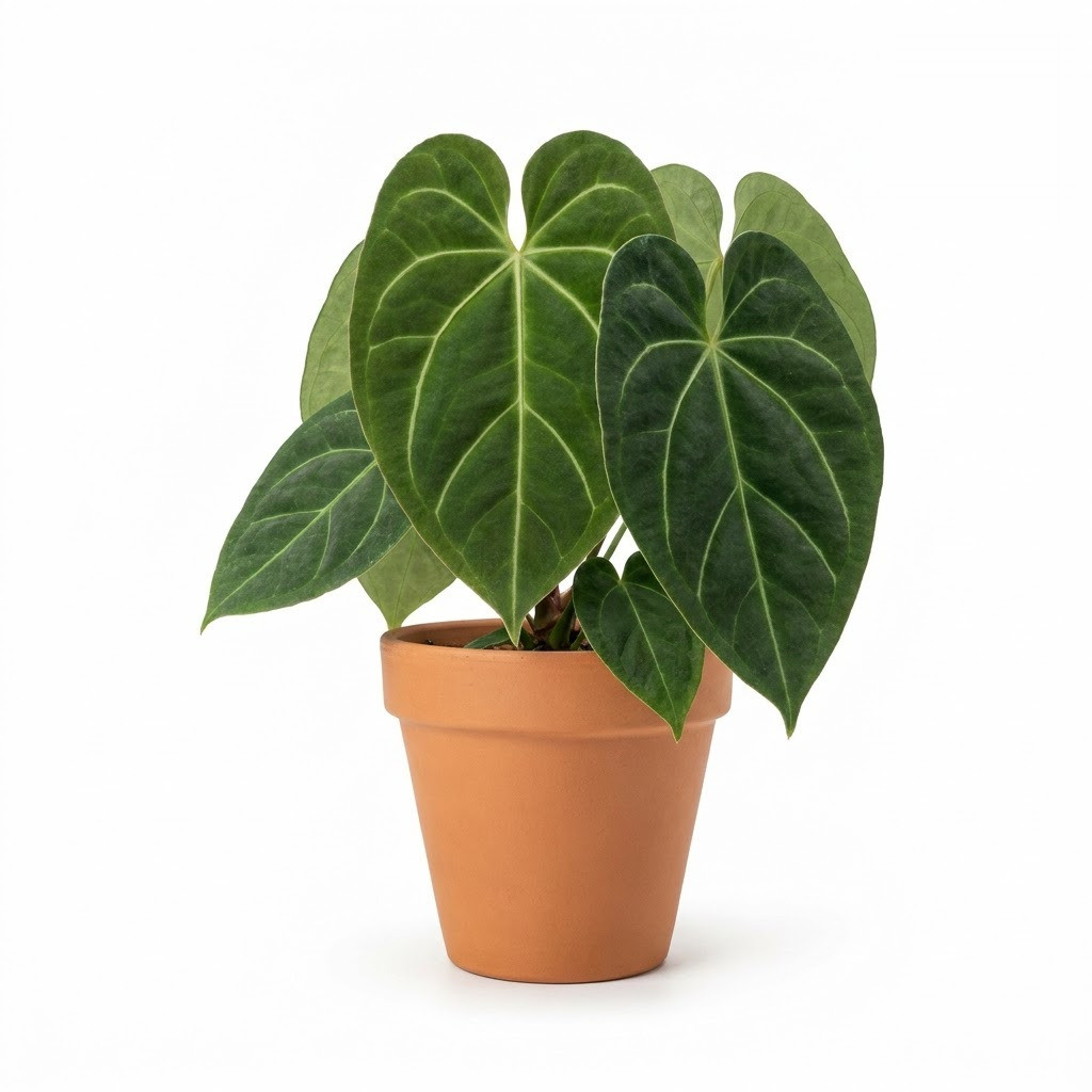 Anthurium correae with large, velvety dark green leaves and prominent pale veins in a terracotta pot.