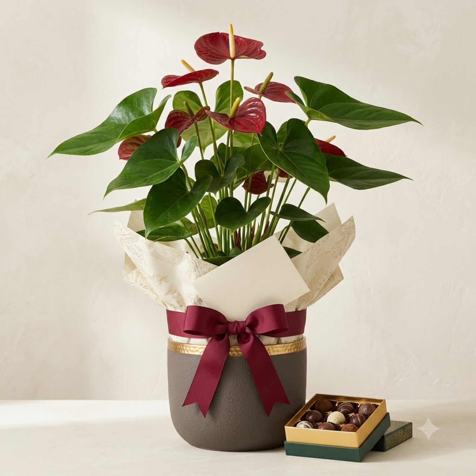 Anthurium plant in a luxury planter wrapped in paper with a ribbon, alongside a box of chocolates.