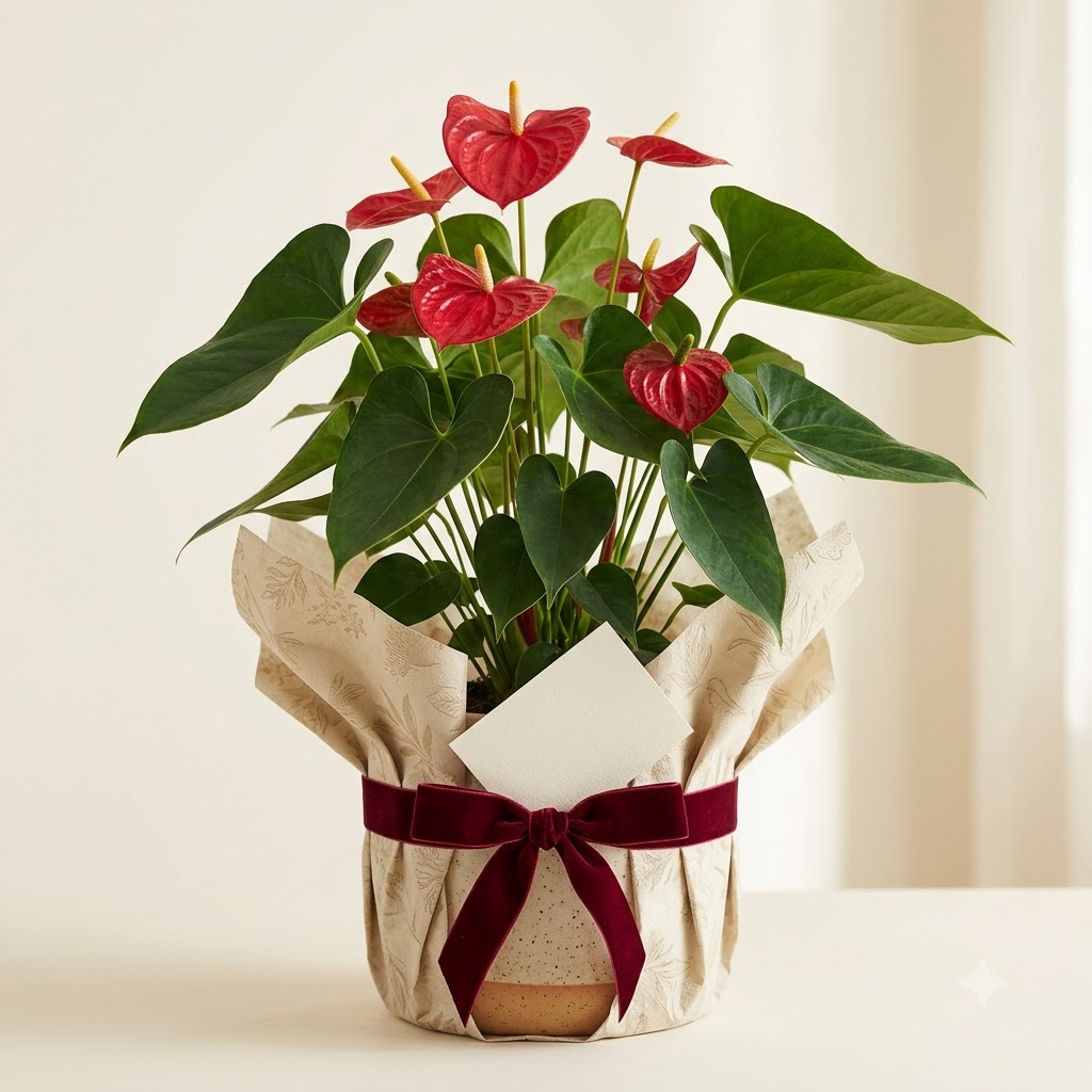 Anthurium plant in a pot wrapped with patterned paper, tied with a velvet ribbon and holding a blank card.