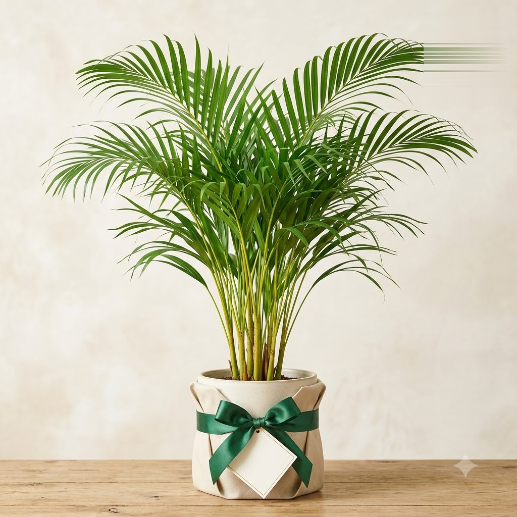 Areca palm in a light-colored decorative planter with a green ribbon and gift tag on a wooden surface.