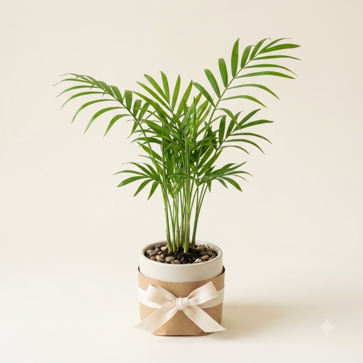 Areca palm in a ceramic pot wrapped with brown paper and a tied ribbon.