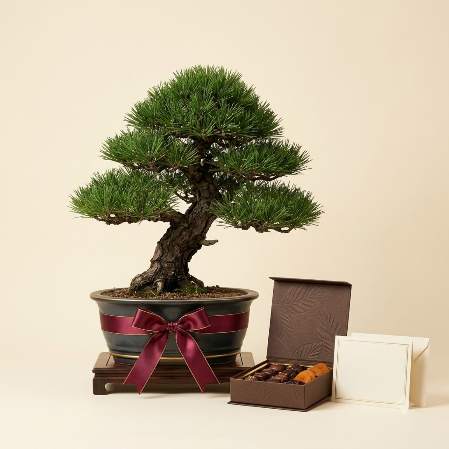 Bonsai tree in a decorative pot with a ribbon, next to a box of chocolates and a greeting card.