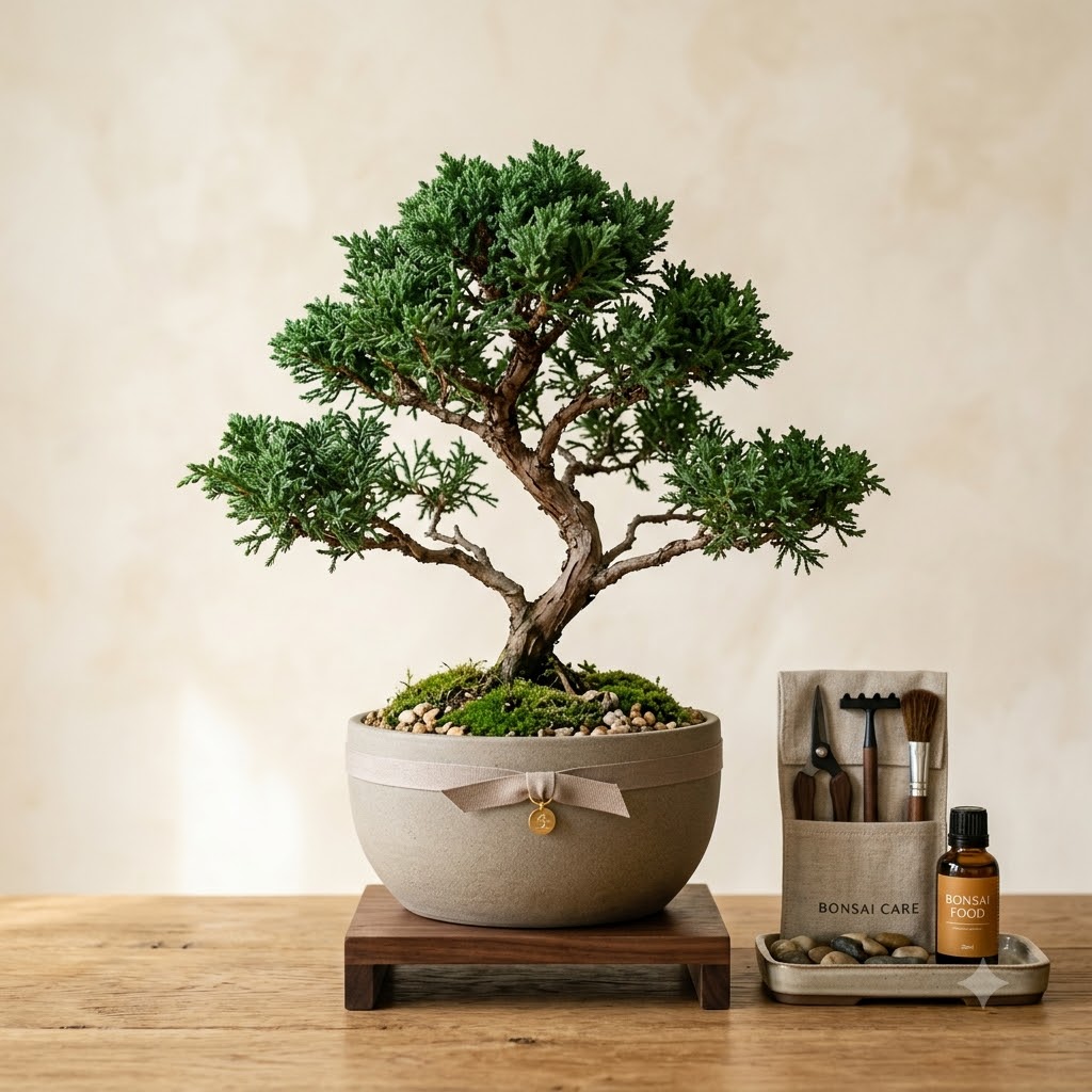 Bonsai tree in a round planter with a ribbon, wooden stand, and care kit with tools and bottle.