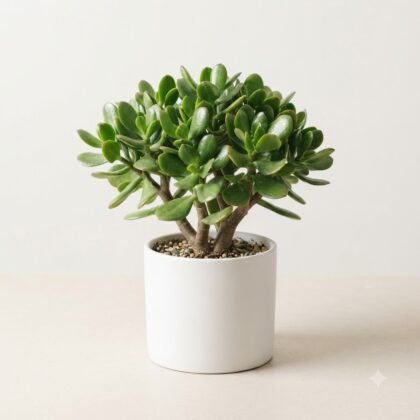 A small Crassula ovata jade plant planted in a white ceramic pot against a plain background.