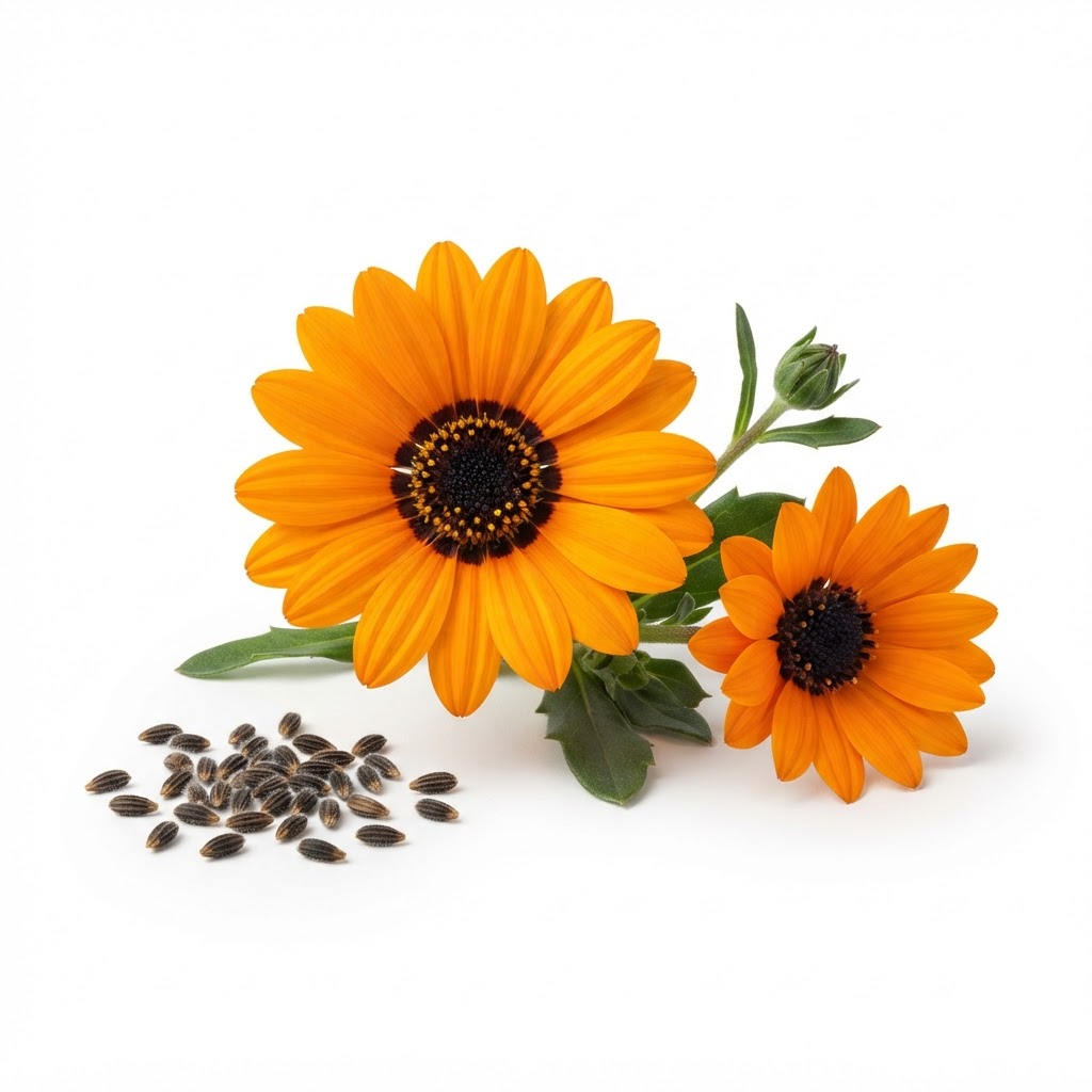 Two orange cape daisy flowers with dark centers, green leaves, a bud, and a small pile of seeds on a white background.