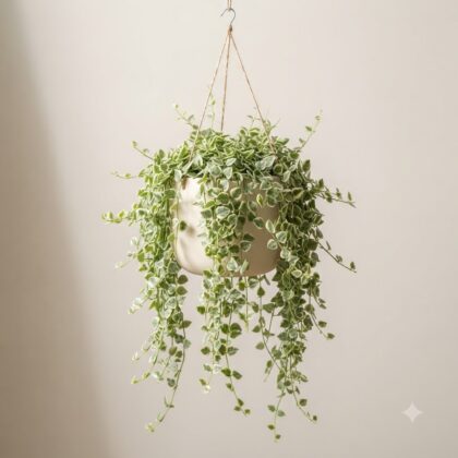Variegated Dischidia ruscifolia trailing from a hanging pot against a neutral background.